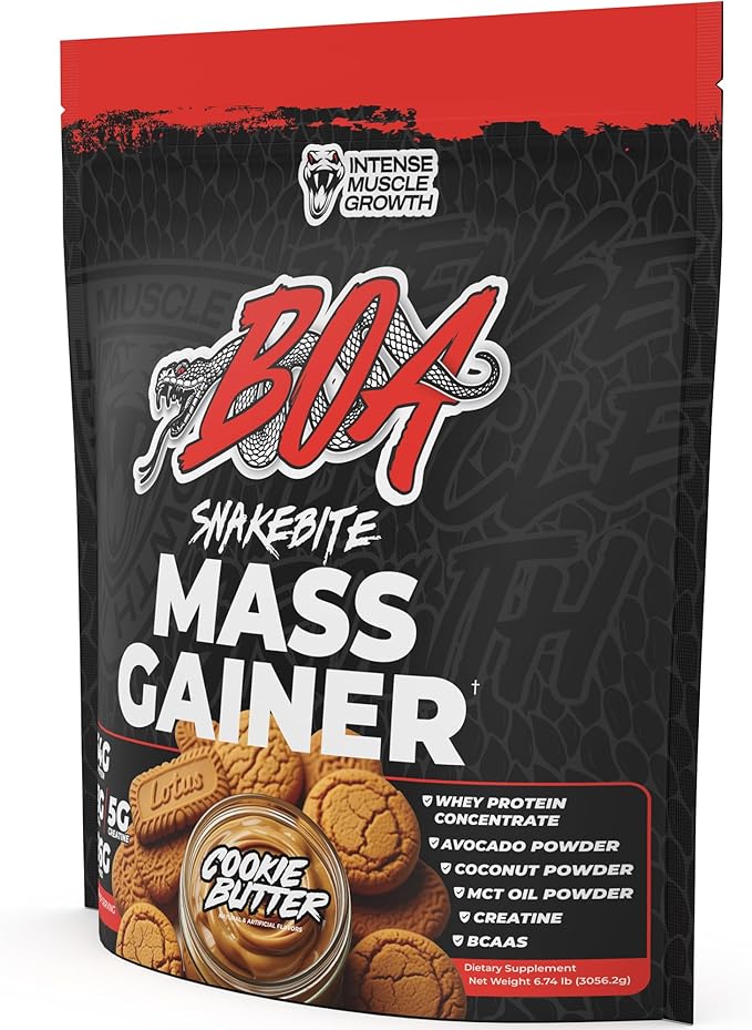 BOA Snakebite Mass Gainer Powder – 64g Protein 126g Carbs &amp 5g Creatine Per Serving – High Calorie Weight Gainer for Muscle Growth &amp Recovery – Chocolate Vanilla Cookie Butter (Cookie Butte