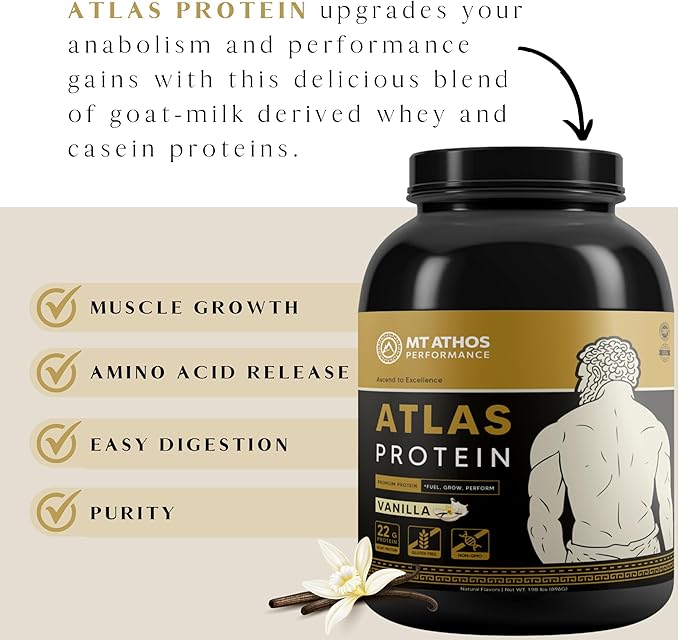 Atlas Vanilla Protein Powder | Goat Milk Whey with Casein Protein | 22 g Protein per Serving | Vanilla | 28 Servings