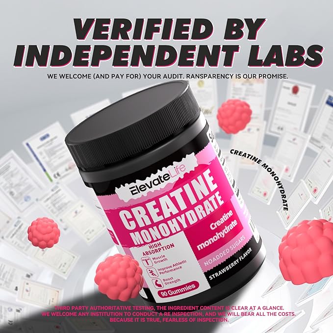 NSFCertified Creatine Monohydrate Gummies 5000mg for Men &amp Women Chewables Creatine Monohydrate for Muscle Strength Muscle Builder Energy Boost Pre-Workout Supplement(90 Count)-Strawberries