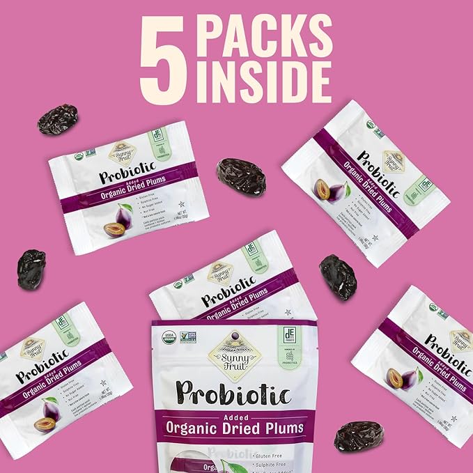 Sunny Fruit Organic Probiotic Pitted Prunes - 6 Bags (30 Individual Portion Packs) | No Preservatives No Sugar Added | Dried Plums Snack Packs with Live Probiotics | ORGANIC NON-GMO KOSHER HALAL