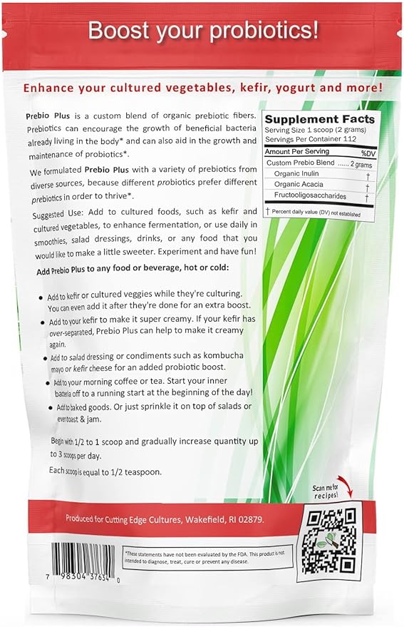 Cutting Edge Cultures Prebio Plus Prebiotic Fiber Powder Best Custom Blend of Organic Prebiotic Fibers Dietary Supplement 8 oz (2 x Prebio Plus = 16oz)