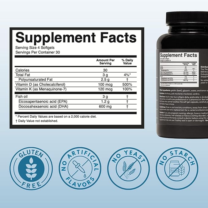 The 'Pause Life Omega 3 Vitamin D &amp K2 Gluten Free Supplement Fish Oil and Vitamin Formula Immune Support Daily Wellness Routine Natural Ingredients Dairy Free Unflavored 120 Softgels