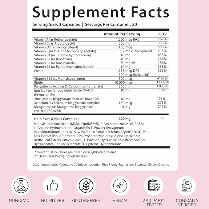 GOBIOTIX Hair Skin and Nails Vitamin Supplement - 10000mcg Biotin Pills with Hyaluronic Acid Folate Iron Magnesium and Zinc - Collagen Production Hair Growth - 30 Servings
