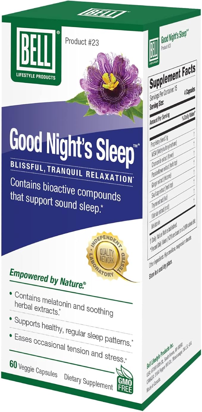 Bell Lifestyle Good Night's Sleep - Natural Sleep Support with Melatonin and Herbal Extracts Supports Relaxation &amp Sleep Patterns 60 Veggie Capsules
