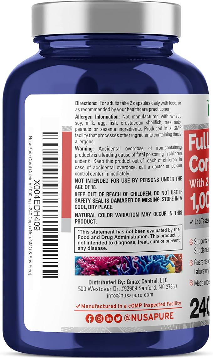 NusaPure Coral Calcium with 22 Vitamins &amp Minerals Non- GMO - 1000 mg - 240 Caps