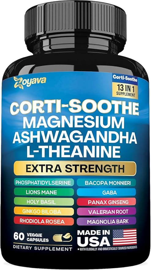 Zoyava Corti-Soothe Cortisol Supplement Magnesium Glycinate 200mg L-Theanine 150mg Ashwagandha 150mg Phosphatidylserine Cortisol Manager Lions Mane Ginkgo Biloba Bacopa Monnieri Valerian Root 60 Caps