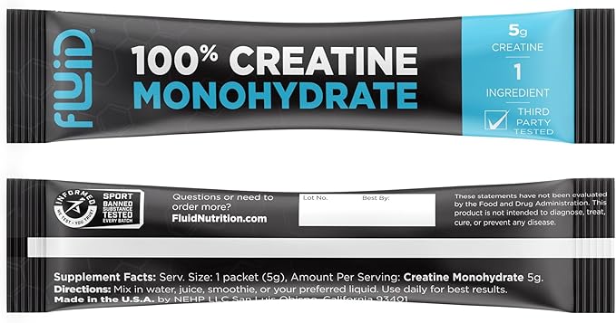 Fluid Creatine - Informed Sport Certified | Ultra-Fine Micronized 100% Creatine Monohydrate Powder | Unflavored | 5g Travel Stick Packs | 30 Servings