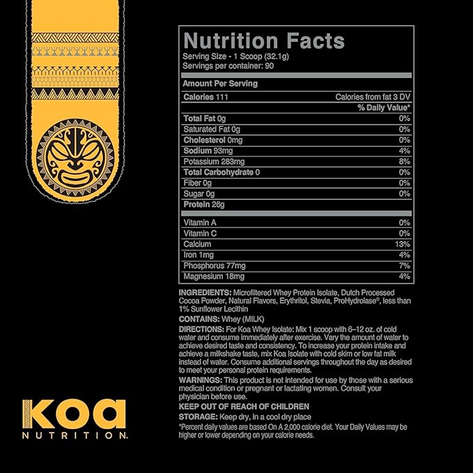 KOA Warrior Whey Protein Isolate | Performance Driven Pure Protein Isolate with BCAAs and No Artificial Flavors or Sweeteners - Chocolate - 6lb Bag