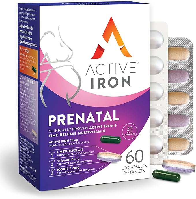 Active Iron Supplement 25mg + Prenatal Multivitamin Clinically Proven to Increase Iron &amp Reduce Tiredness Maximum Absorption Gentle Non-Constipating 30 Capsules + 30 Time Release Tablets