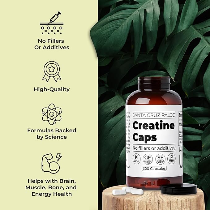 Santa Cruz Paleo Creatine Capsules Supports Muscle Growth &amp Energy Gluten Free Keto Sugar Free Paleo No Fillers or Additives Creatine Monohydrate Pills 2500mg 100 Servings 300 Capsules