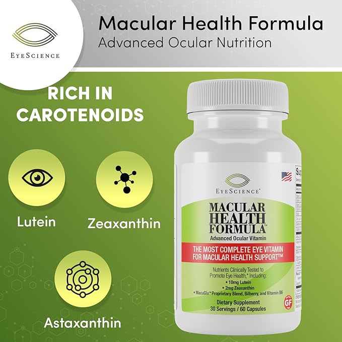 EyeScience Macular Health Formula Advanced Ocular Vitamin - Containing Lutein Zeaxanthin Billberry &amp Vitamins C D E &amp B6 (30 Day Supply) - 60 Capsules