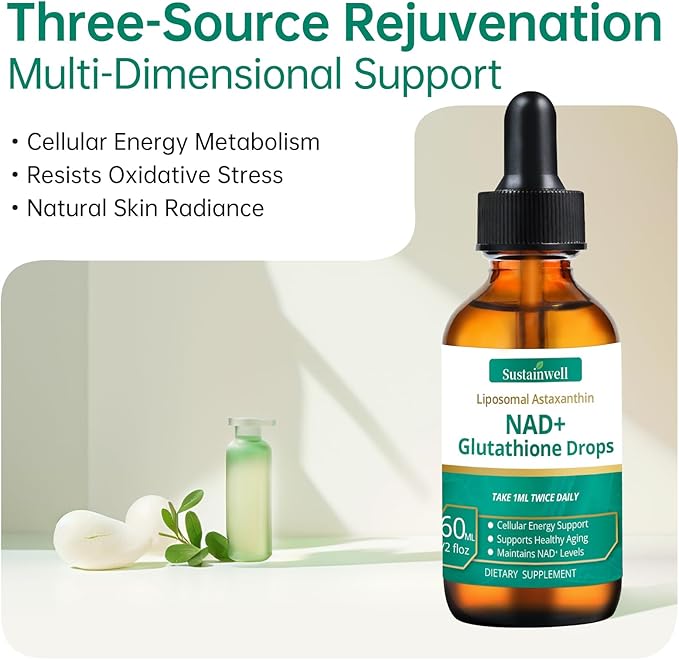 NAD+ Glutathione Liquid Drops with Liposomal Astaxanthin - Supports Cellular Energy Dual Antioxidant Action Healthy Aging - Fast Absorption High Bioavailability Vegan 2.04 Fl Oz