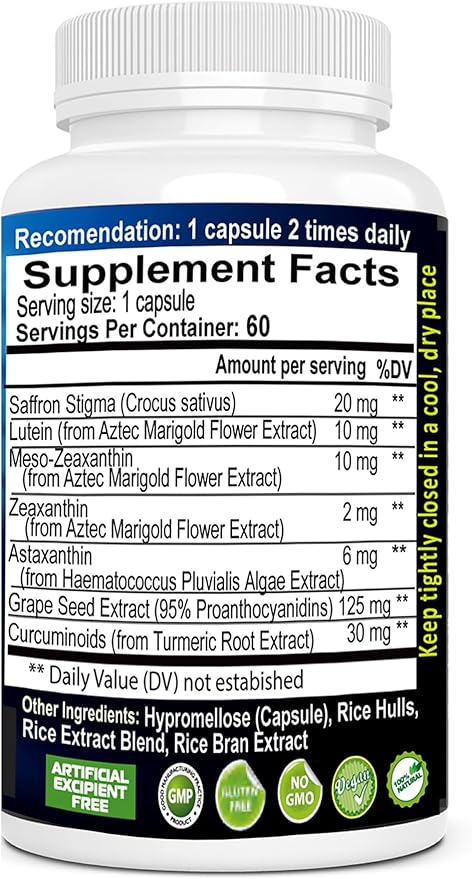 EXIR Eye Vitamin Supplement | Saffron Curcumin Astazanthin - Supports Eye Health Visual Comfort &amp Focus VM20-60 Capsules