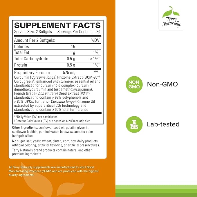 Terry Naturally CuraMed + Clinical OPC - Curcumin Supplement with French Grape Seed Extract - Brain Prostate &amp Liver Health Support - Supplement with Ar-Turmerone - 60 Softgels (2 Pack)