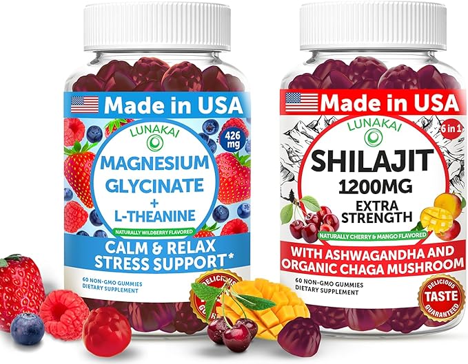Lunakai USA Made Magnesium Glycinate &amp Shilajit Gummies Bundle – Stress Relaxation and Vitality Support