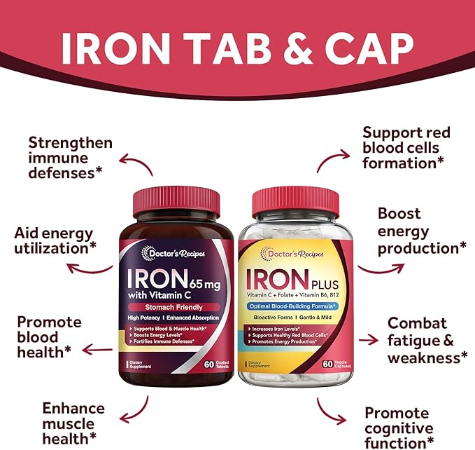 Doctor's Recipes Iron 65 mg &amp Iron Plus Bundle Healthy Iron Levels &amp Blood Support Iron Tablets 60 ct &amp Iron Capsules 60 ct
