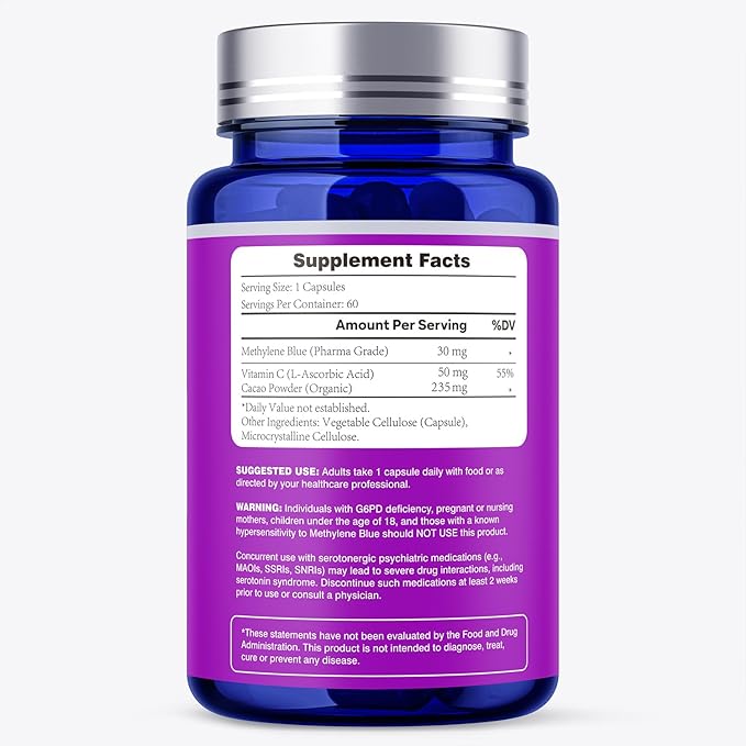 Methylene Blue Capsules 30mg USP Pharma Grade Methylene Blue Supplement with Vitamin C &amp Organic Cacao High Absorption Support - 60 Capsules