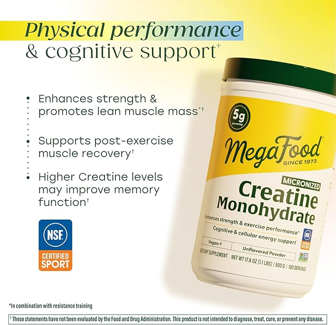 MegaFood Micronized Creatine Monohydrate Powder - Unflavored Post &amp Pre Workout Powder for Men &amp Women - Cognitive &amp Exercise Performance Support - NSF Certified for Sport- 500 Grams 100