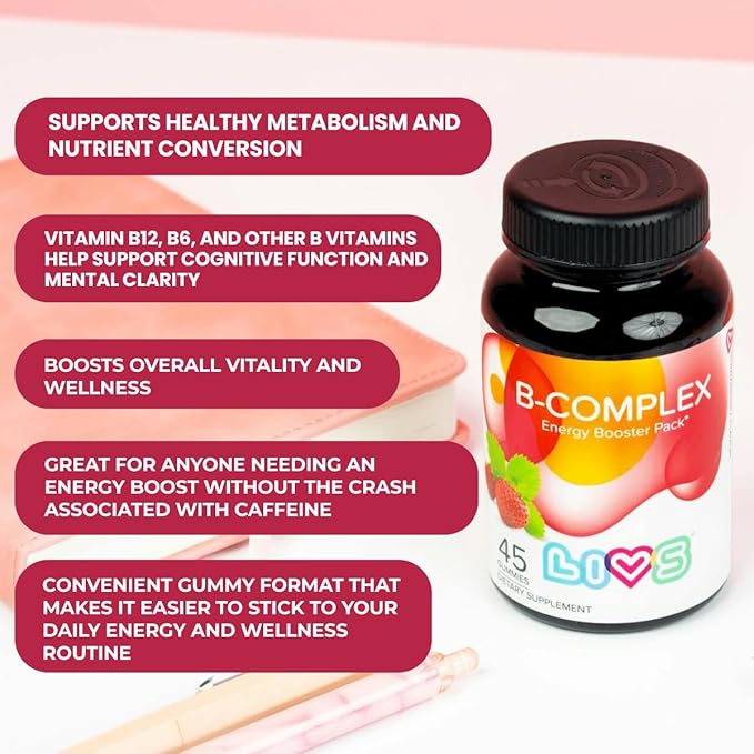 LIVS Vitamin B Complex Gummies with B12 Biotin B3 B6 &amp Vitamin C for Kids &amp Adults | Energy Support &amp Recovery Supplement | Promotes Mood Metabolism &amp Nerve Function | Strawberry