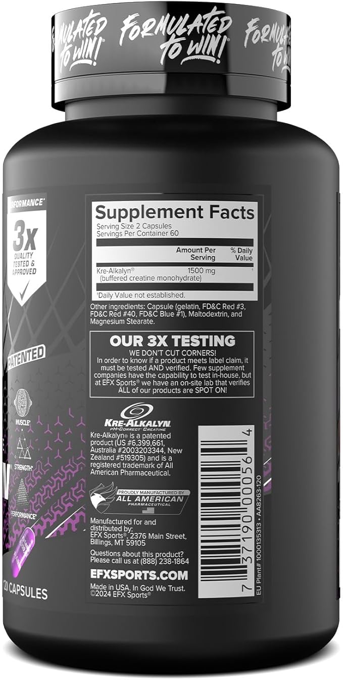 EFX Sports Kre-Alkalyn EFX | pH Correct Creatine Monohydrate Pill Supplement | Strength Muscle Growth &amp Performance | 60 Servings 120 Capsules