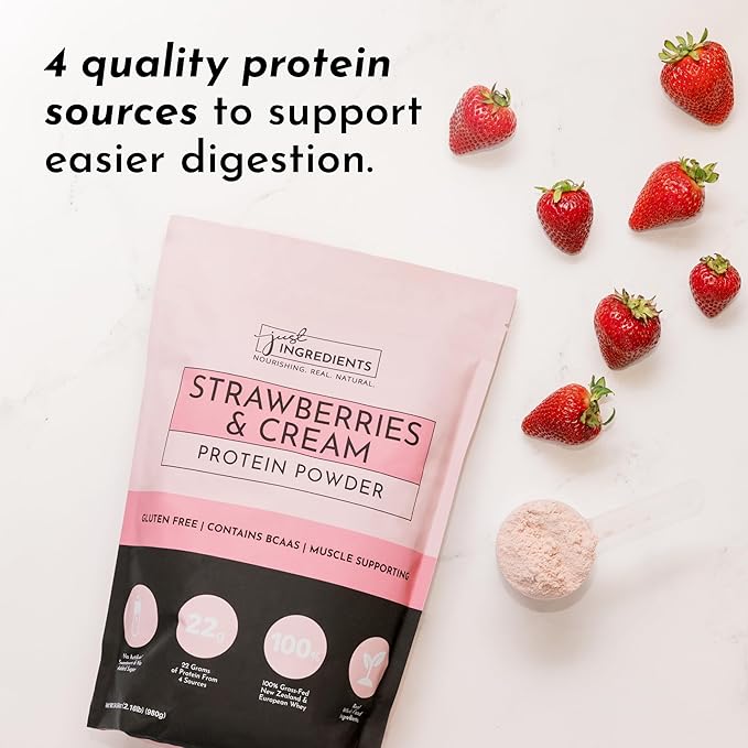 JUST INGREDIENTS Strawberries &amp Cream Protein Powder – 20-Serving Blend with 100% Grass-Fed Whey &amp Organic Plant Proteins – Real Strawberry Flavor – Supports Muscle Recovery Energy*