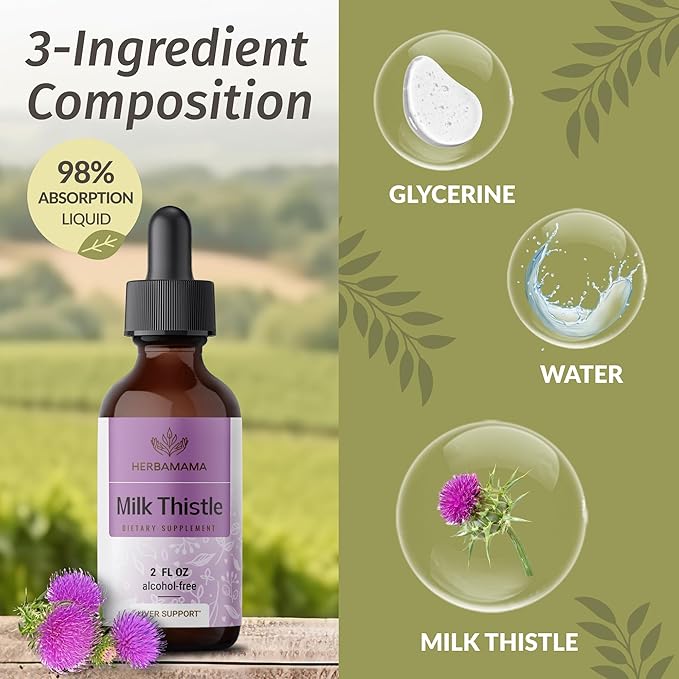 HERBAMAMA Herbal Liquid Drops Kit - Bundle of Milk Thistle Extract &amp Ashwagandha Root Tincture 2 fl oz - Vegan Non-GMO Sugar &amp Alcohol-Free - 2 Pack