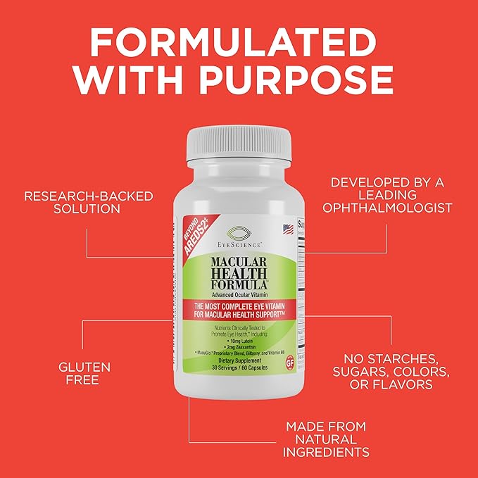 EyeScience Macular Health Formula Advanced Ocular Vitamin - Containing Lutein Zeaxanthin Billberry &amp Vitamins C D E &amp B6 (30 Day Supply) - 60 Capsules