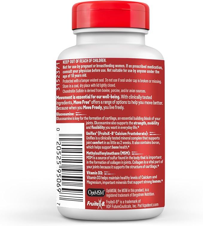 Move Free Advanced Glucosamine Chondroitin MSM + Vitamin D3 Joint Support Supplement Supports Mobility Comfort Strength Flexibility &amp Bone + Immune Health - Tablet 3x120ct Bottles (120 servings)