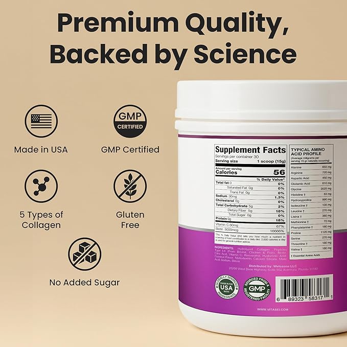 VITASEI Hydrolyzed Collagen Peptides Powder with Resveratrol &amp Vitamin C – Hair Skin &amp Joint Support – Colágeno Hidrolizado for Women &amp Men – Refreshing Coconut Lemonade Flavor 16 oz (30