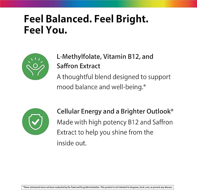 Rainbow Light L-Methylfolate 15 mg | 60 Capsules | with Methyl B12 &amp Saffron | Helps Maintain a Positive Mood | Vegan Non-GMO and Gluten Free Supplement