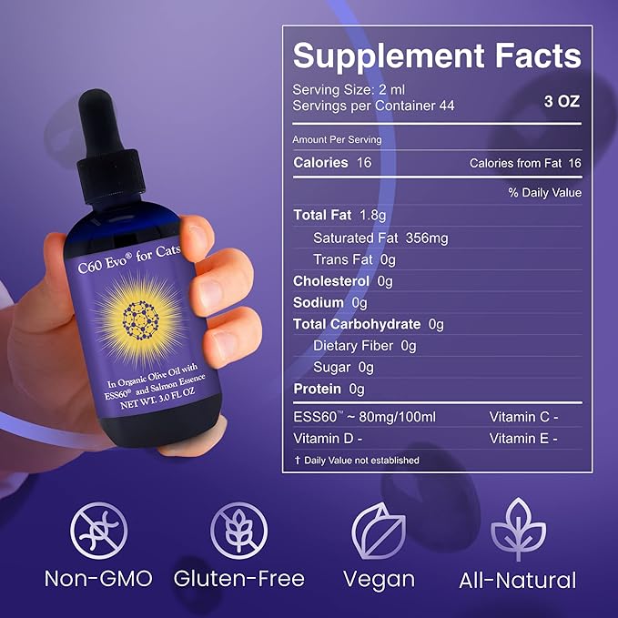 C60 Evo Cat Lover Set 2 Bottles of Pure ESS60 in Extra Virgin Olive Oil 1 for Humans and 1 for Felines Cat Supplements Infused with Natural Salmon Essence Must-Have Pet Supplies and Cat Products
