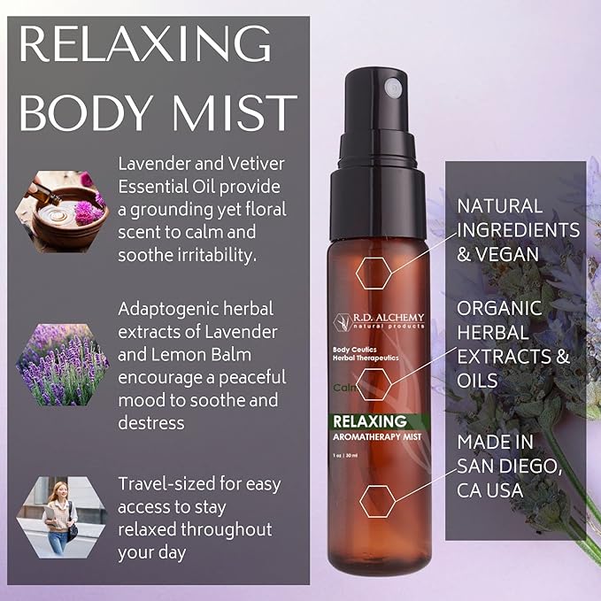 RD Alchemy - 100% Natural &amp Organic Relaxing Mist. Calming Lavender &amp Lemon Balm Extracts soothe to feel better.