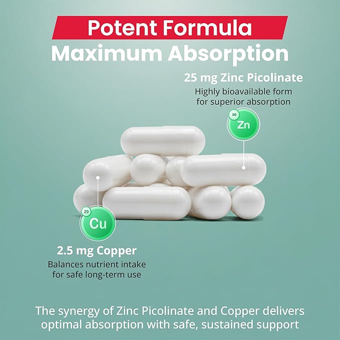 Karuna Zinc Picolinate Plus 60 Vegetarian Capsules | 25 MG Plus 2.5 MG Copper for BALACED Long Term USE | Supporting Immune Function Skin Health Development and Overall Well-Being.
