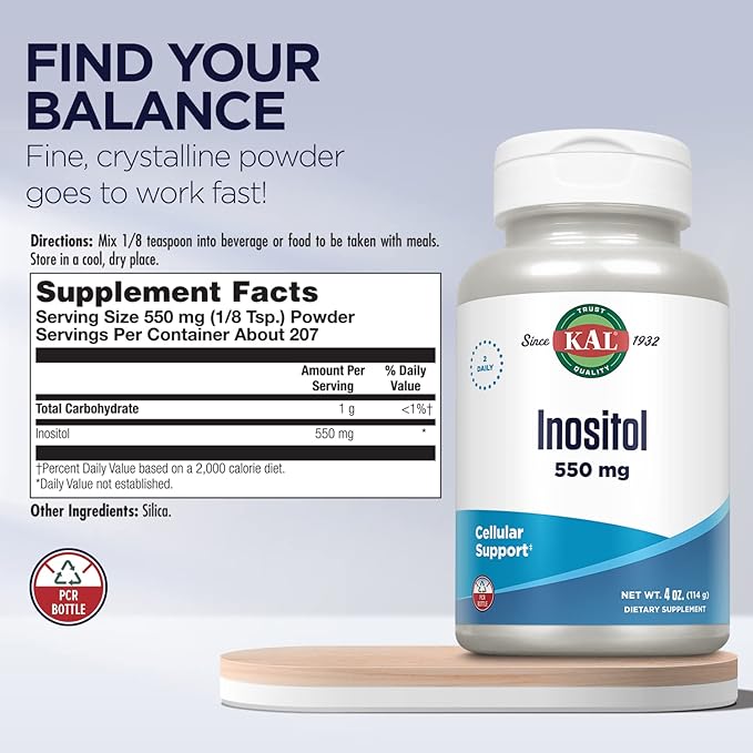 KAL Inositol Powder 550mg Brain Health Nervous System &amp Mood Support Supplement Cellular Health Support Enhanced Absorption Formula Easy to Mix Approx. 207 Servings 4oz