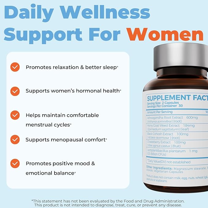 BELLECARE Hormone Balance Capsules for Women Cortisol Supplements Female Menopause Supplement with Ashwagandha 600mg Per ServingChaste BerryBlack Cohosh for Stress Mood Sleep Support60 Count