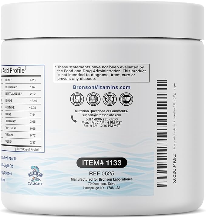 Bronson Marine Collagen Peptides Hydrolyzed Protein Powder 100% Wild Caught Nordic Cod Verified Sustainable Source for Joints Skin Hair Nails &amp Bones 150g (5.29oz)