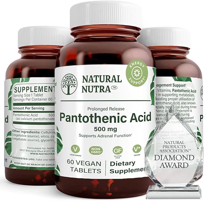Natural Nutra Time Release Pantothenic Acid 500 mg Vitamin B5 Supplement Helps Break Down Fat and Carbohydrates Metabolism and Energy Improve Muscle Health 60 Vegetarian Tablets (3 Pack)