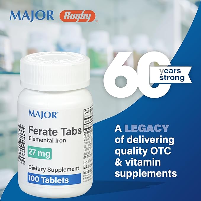 Major 27 mg Ferate Tabs - Ferrous Gluconate Elemental Iron Dietary Supplement - 100 Count (4 Pack)
