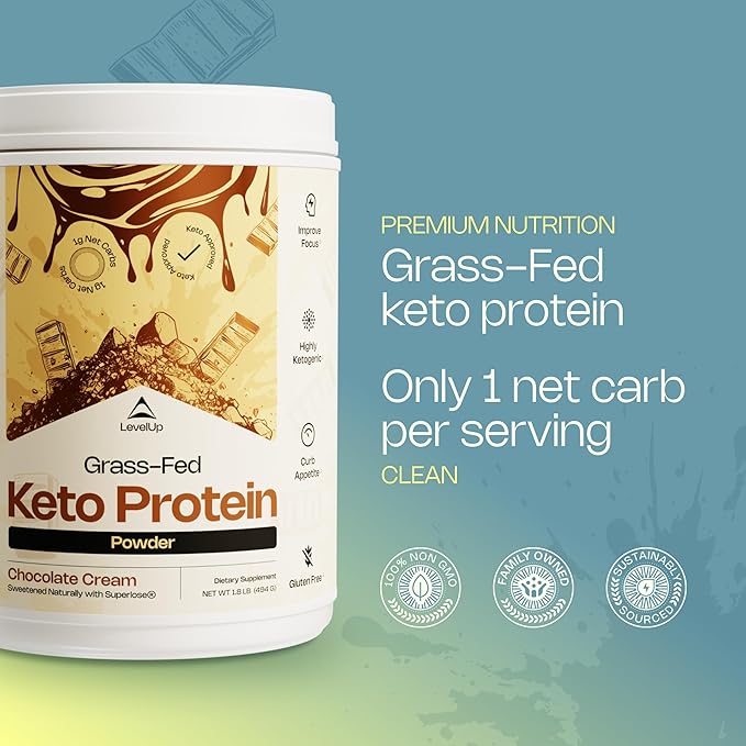 LevelUp 𝗪𝗜𝗡𝗡𝗘𝗥 - 𝗕𝗘𝗦𝗧 𝗞𝗘𝗧𝗢 𝗣𝗥𝗢𝗧𝗘𝗜𝗡 Grass-fed Collagen Protein Powder C8 MCT Oil Whey Protein Isolate Irish Butter Ketogenic Protein Shake Supplement (Chocolate Cream)