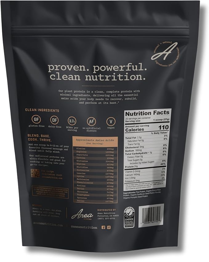 Anea Plant Protein - Unflavored | 20g Vegan Protein | Low Carb &lt1g | Complete Amino Acids | Dairy-Free Gluten-Free Cholesterol-Free | Neutral Flavor for Smoothies &amp Recipes | Made in GMP Faci