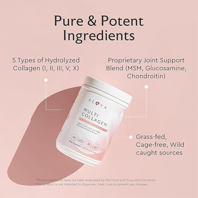 Alaya Multi Collagen Powder - Type I II III V X Hydrolyzed Collagen Peptides Protein Powder Supplement with MSM + GC (Raspberry Lemonade)