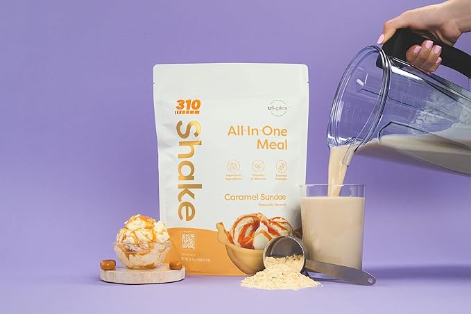 310 Nutrition Meal Replacement Shake Powder Starter Kit with Shaker Cup - Vegan Protein Fiber &amp Superfood Blend - Sugar-Free Low-Carb Keto &amp Paleo Friendly - Caramel Sundae - 14 Servings
