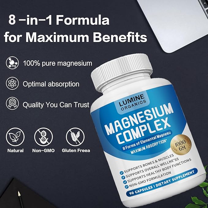 1PCSLumine Organics Magnesium Complex Magnesium Complex for Women Supplement 1000mg - Advanced 8-in-1 Magnesium Blend - GlycinateCitrateMalateTaurate90 Capsules (1)