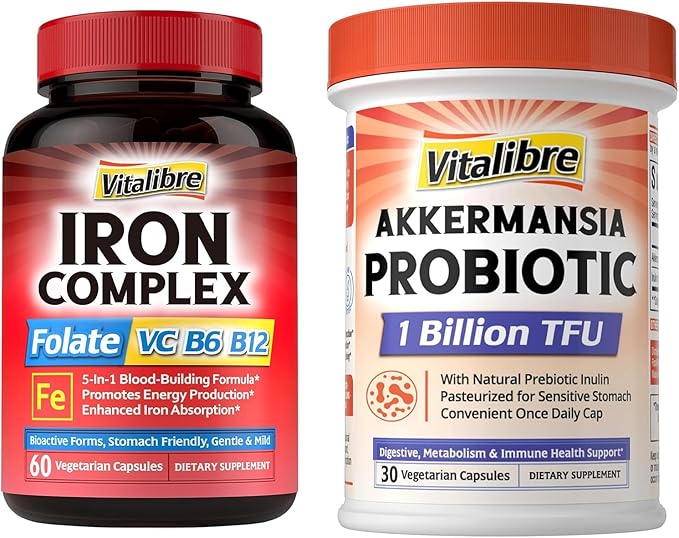 Iron Complex Supplement 60 Capsules &amp Akkermansia Muciniphila Probiotic 1 Billion TFU 30 Capsules