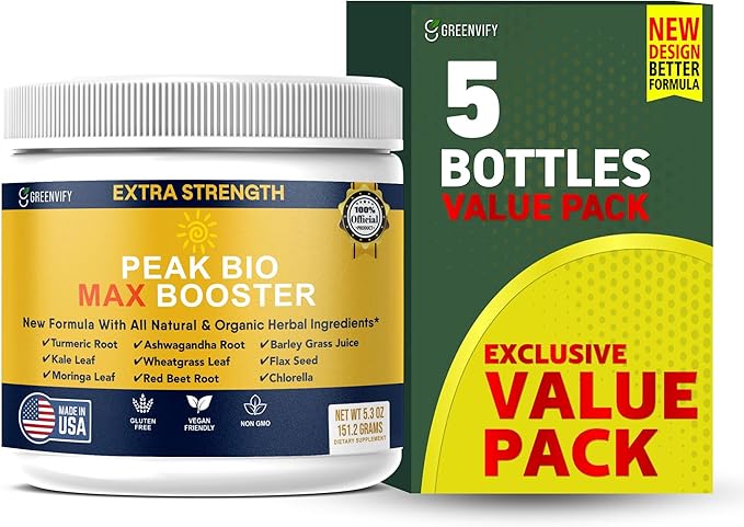 Peak Bio Max Booster Extra Strength Natural Organic Supplement with Turmeric Ashwagandha Moringa 28 Servings 5.3 oz Powder (5)