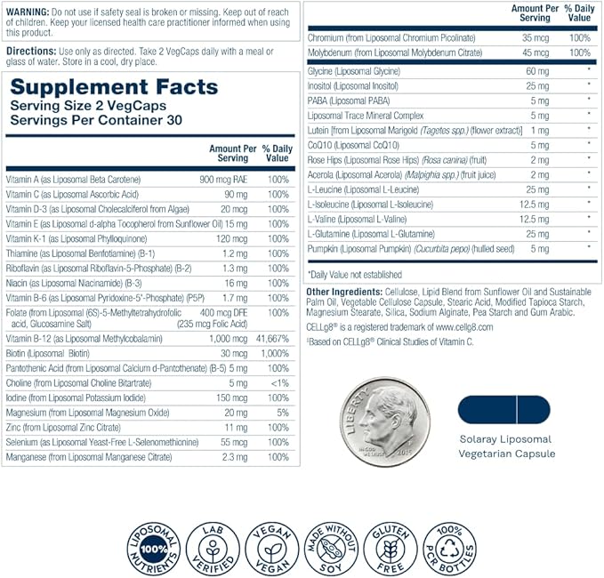 SOLARAY Liposomal Multivitamin for Men Enhanced Absorption Immune Energy &amp Bone Support Mens Daily Multi Vitamin BCAAs Vitamin D3 C B12 Zinc Vegan Soy Free 30 Serv 60 VegCaps