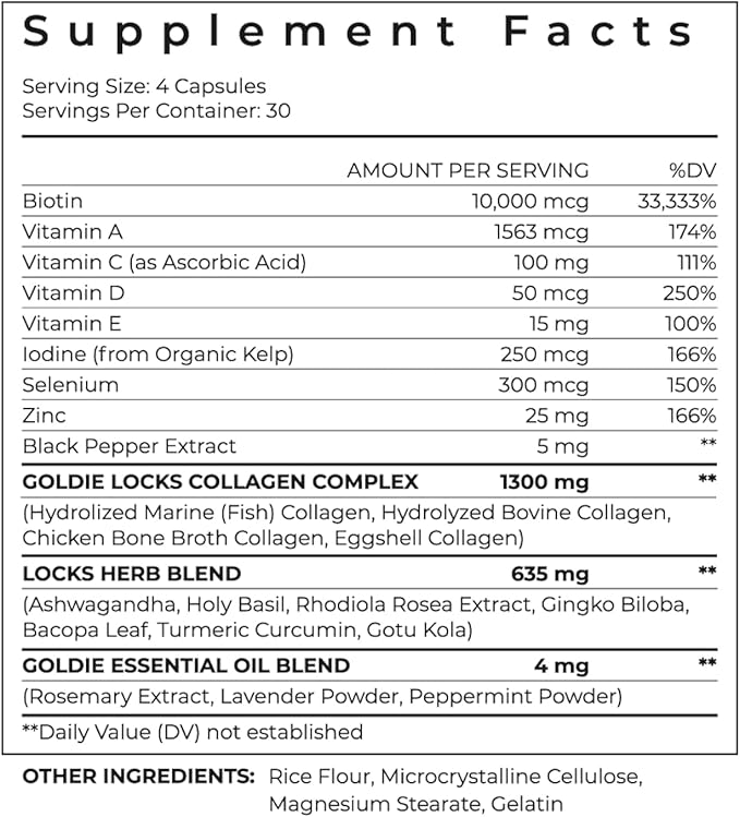 Goldie Locks Hair Growth Supplements - Original Formula - Supports Hair Skin Nails &amp Joints - with Biotin Multi-Collagen Zinc &amp Adaptogenic Herbs - Daily Beauty Supplement - 120 Count