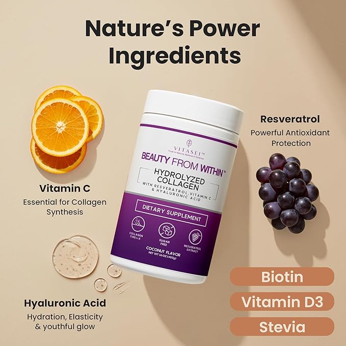 VITASEI Hydrolyzed Collagen Peptides Powder with Resveratrol &amp Vitamin C – Hair Skin &amp Joint Support – Colágeno Hidrolizado for Women &amp Men – Soy-Based Formula – Coconut Flavor 16 oz (30