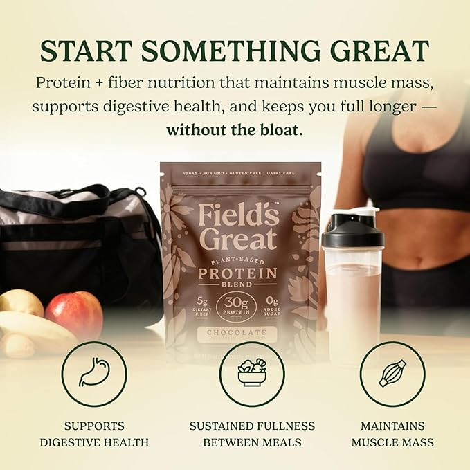 Field's Great Plant-Based Protein with Fiber for Muscle Maintenance Vegan Protein Powder Whey Free Gluten Free Dairy Free - 30g of Protein and 5g Fiber in Each Serving (Chocolate- 4 Pack)