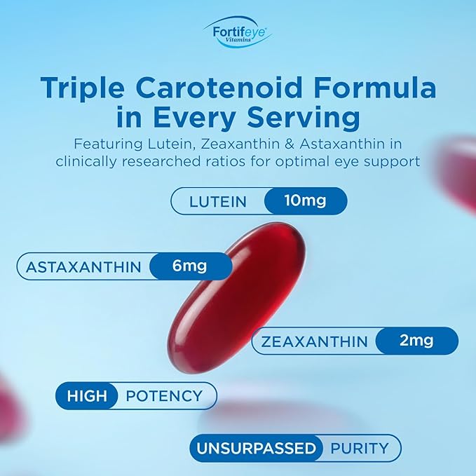 Fortifeye Focus Eye Care Supplement 90 Softgel Capsules - Triple Carotenoid Including Astaxanthin Lutein and Zeaxanthin Supplements Eye Vitamins Supports Eyes Fatigue and Blue Light Protection